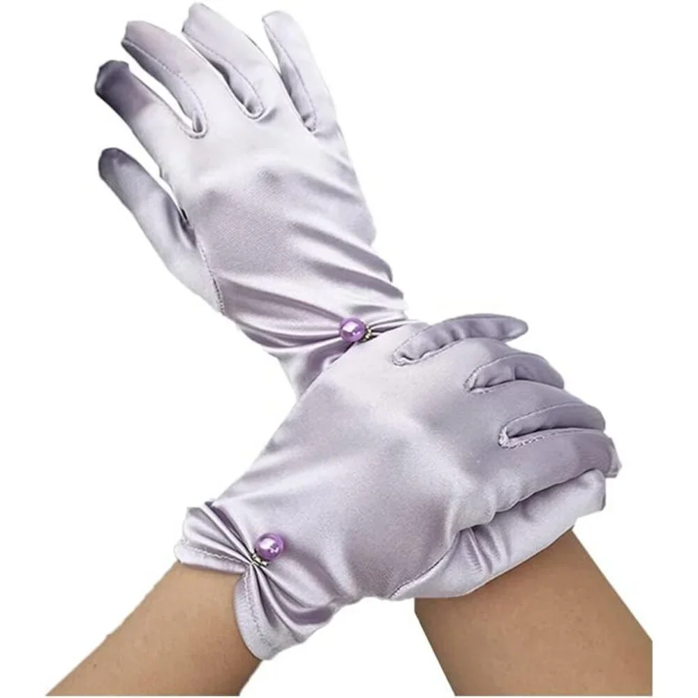 Women's Lavender Satin Pearl Wedding Dress Party Wrist Gloves Short Length